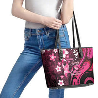Memorial Breast Cancer Awareness Leather Tote Bag Plumeria Floral Tribal Pattern - Polynesian Pride