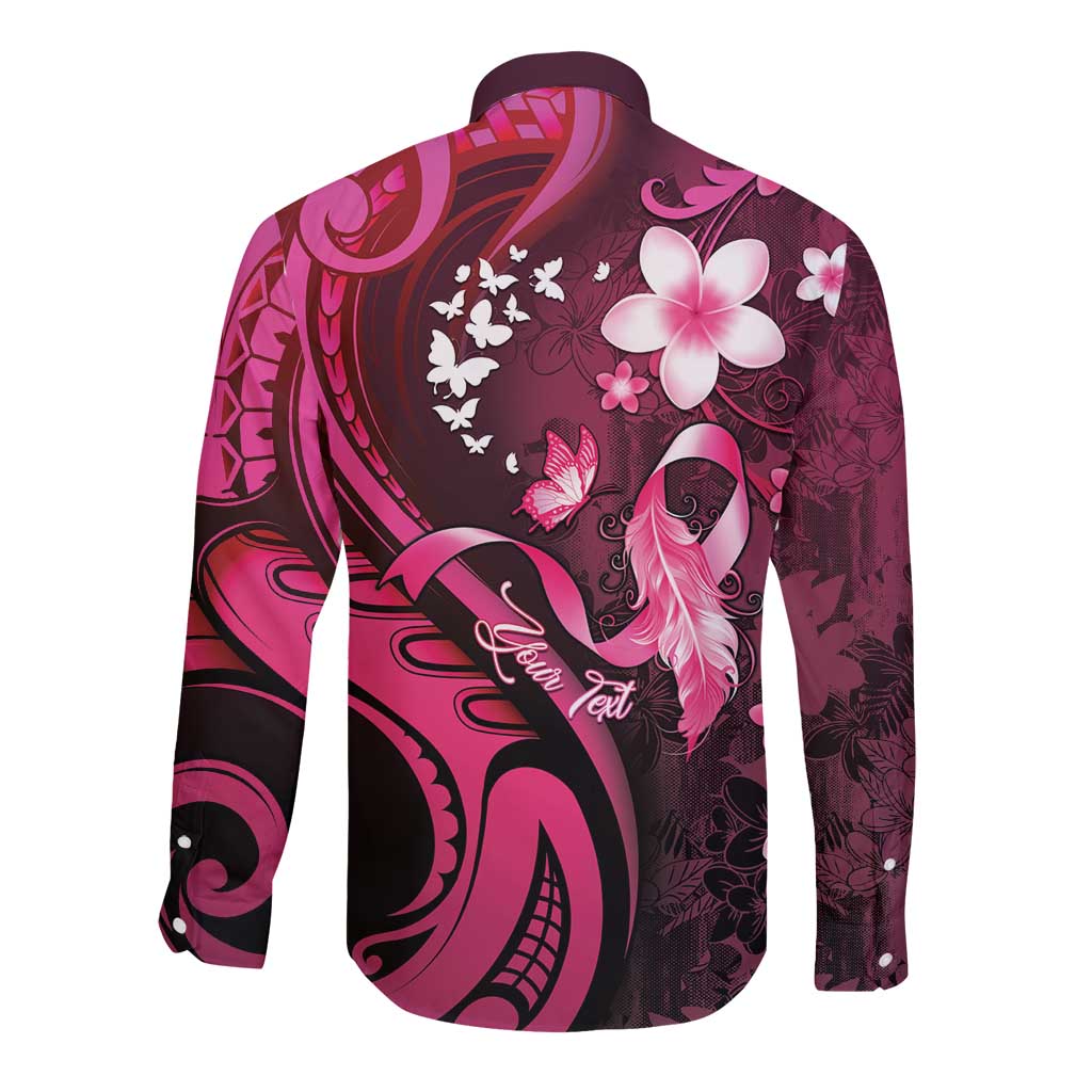 Personalised Memorial Breast Cancer Awareness Long Sleeve Button Shirt Plumeria Floral Tribal Pattern - Polynesian Pride