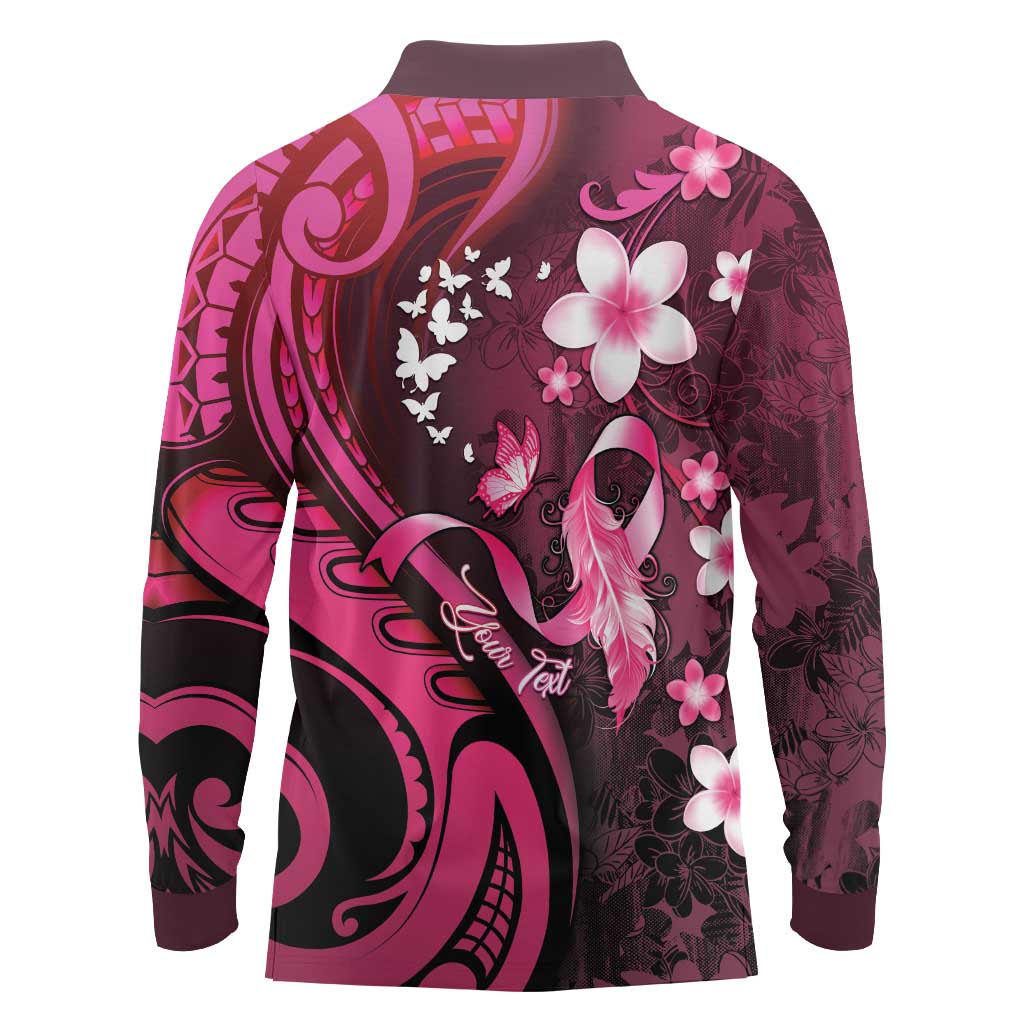 Personalised Memorial Breast Cancer Awareness Long Sleeve Polo Shirt Plumeria Floral Tribal Pattern - Polynesian Pride