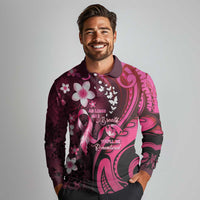 Personalised Memorial Breast Cancer Awareness Long Sleeve Polo Shirt Plumeria Floral Tribal Pattern - Polynesian Pride