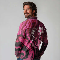 Personalised Memorial Breast Cancer Awareness Long Sleeve Polo Shirt Plumeria Floral Tribal Pattern - Polynesian Pride