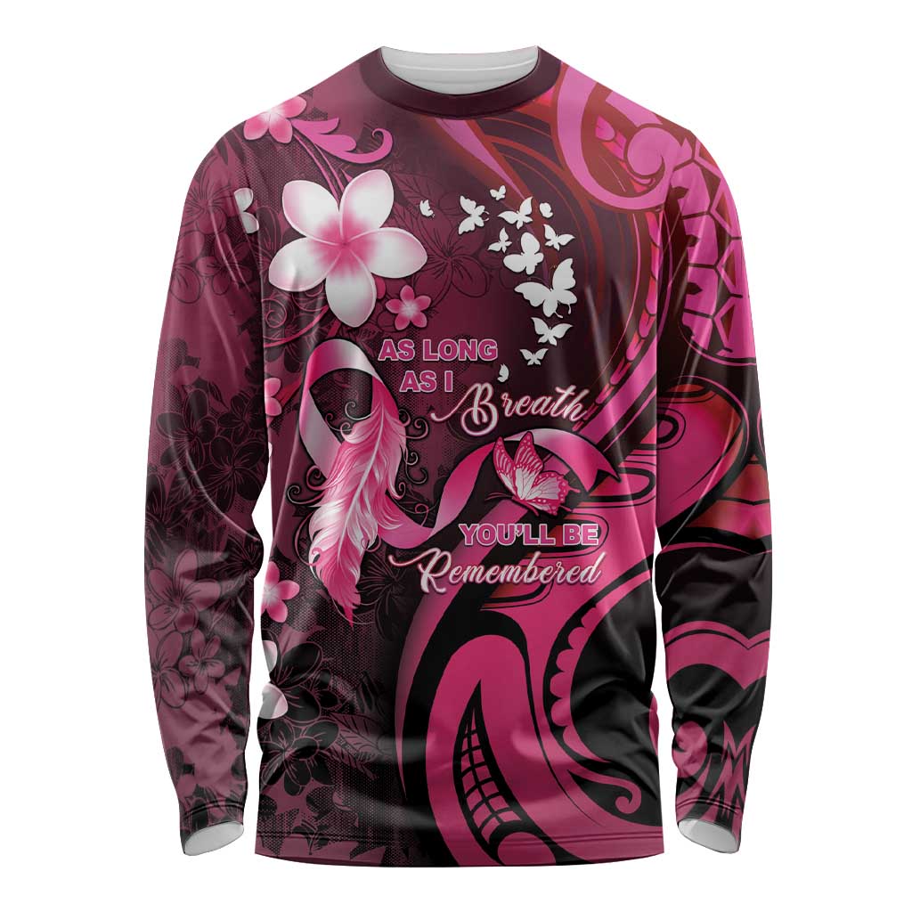 Personalised Memorial Breast Cancer Awareness Long Sleeve Shirt Plumeria Floral Tribal Pattern - Polynesian Pride