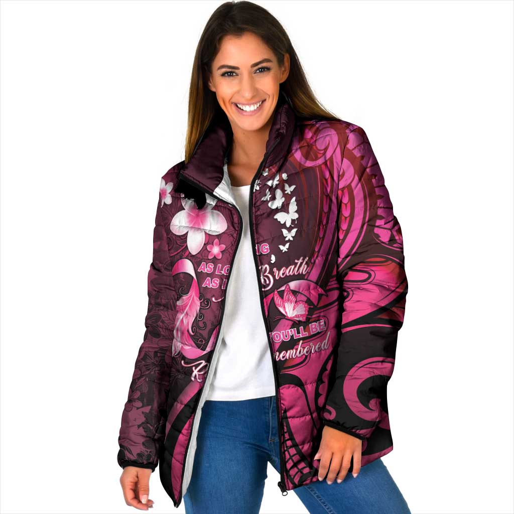 Personalised Memorial Breast Cancer Awareness Padded Jacket Plumeria Floral Tribal Pattern - Polynesian Pride