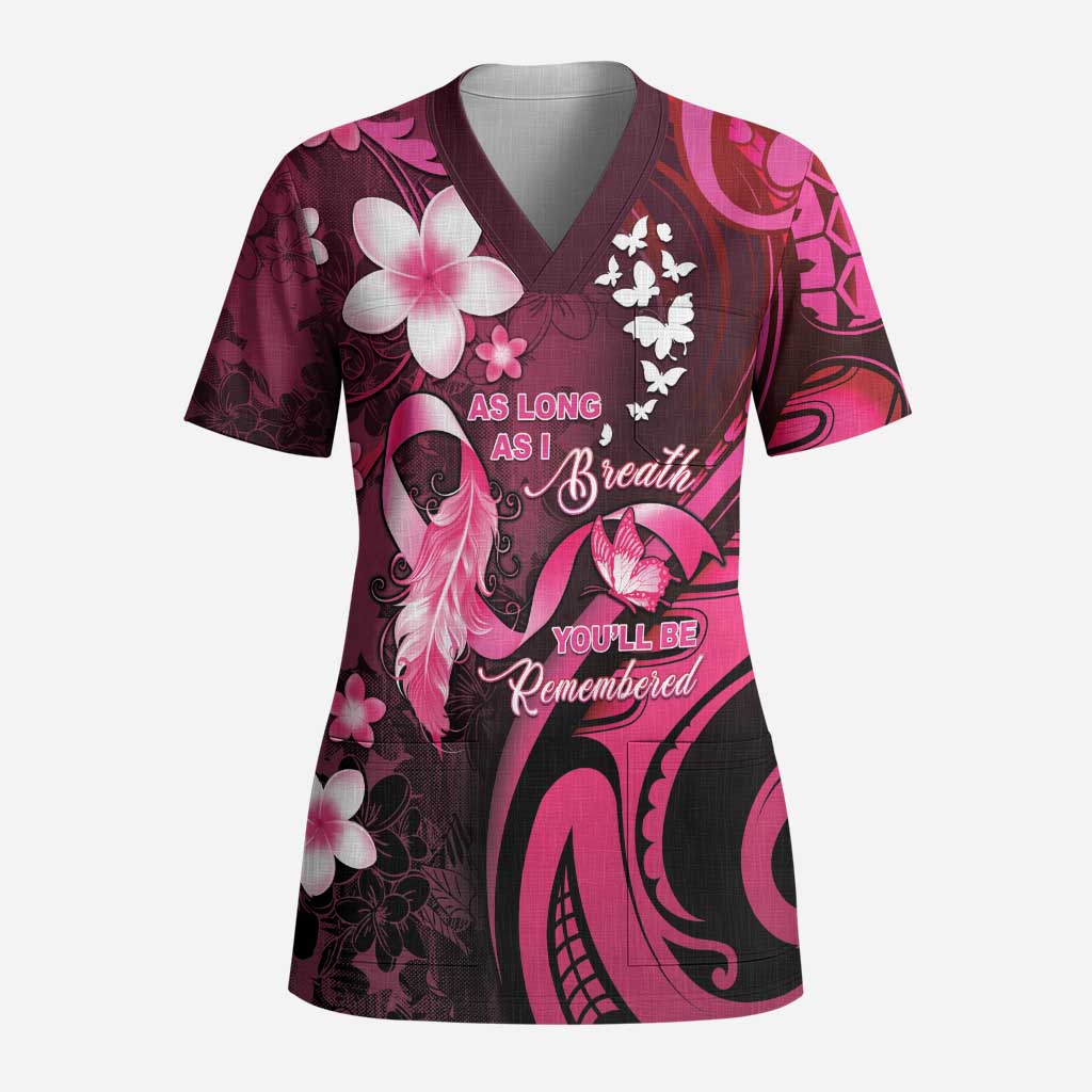 Personalised Memorial Breast Cancer Awareness Scrub Top Plumeria Floral Tribal Pattern - Polynesian Pride