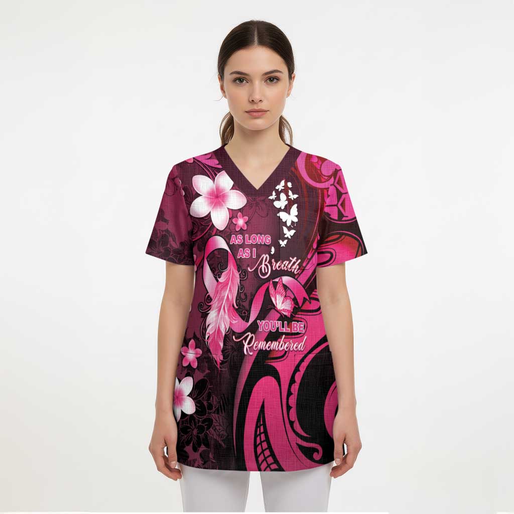 Personalised Memorial Breast Cancer Awareness Scrub Top Plumeria Floral Tribal Pattern - Polynesian Pride