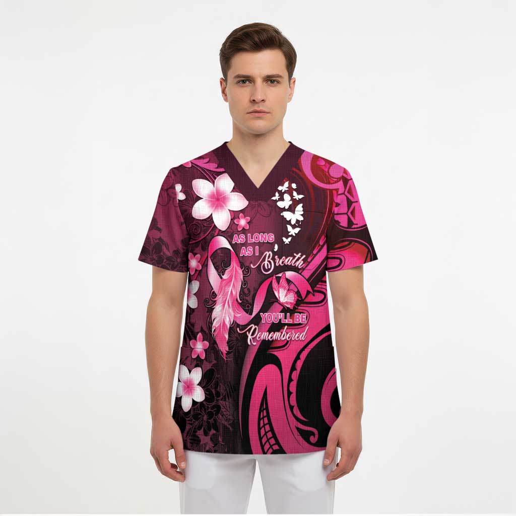 Personalised Memorial Breast Cancer Awareness Scrub Top Plumeria Floral Tribal Pattern - Polynesian Pride