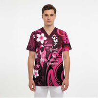 Personalised Memorial Breast Cancer Awareness Scrub Top Plumeria Floral Tribal Pattern - Polynesian Pride