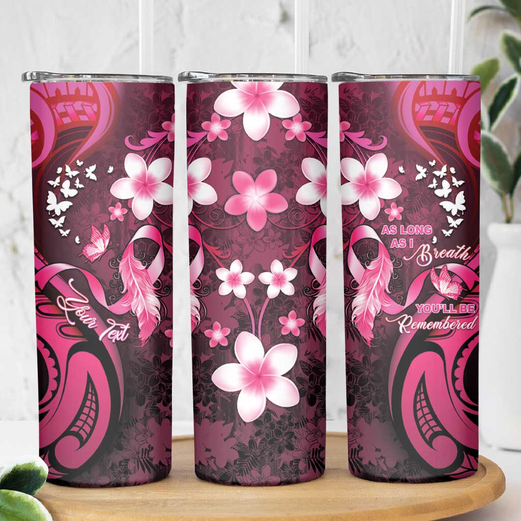 Personalised Memorial Breast Cancer Awareness Skinny Tumbler Plumeria Floral Tribal Pattern - Polynesian Pride