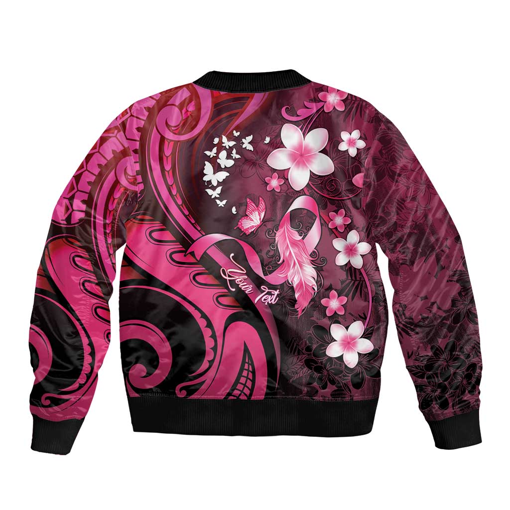 Personalised Memorial Breast Cancer Awareness Sleeve Zip Bomber Jacket Plumeria Floral Tribal Pattern - Polynesian Pride