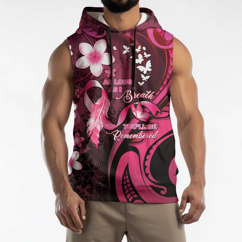 Personalised Memorial Breast Cancer Awareness Sleeveless Hoodie Plumeria Floral Tribal Pattern - Polynesian Pride