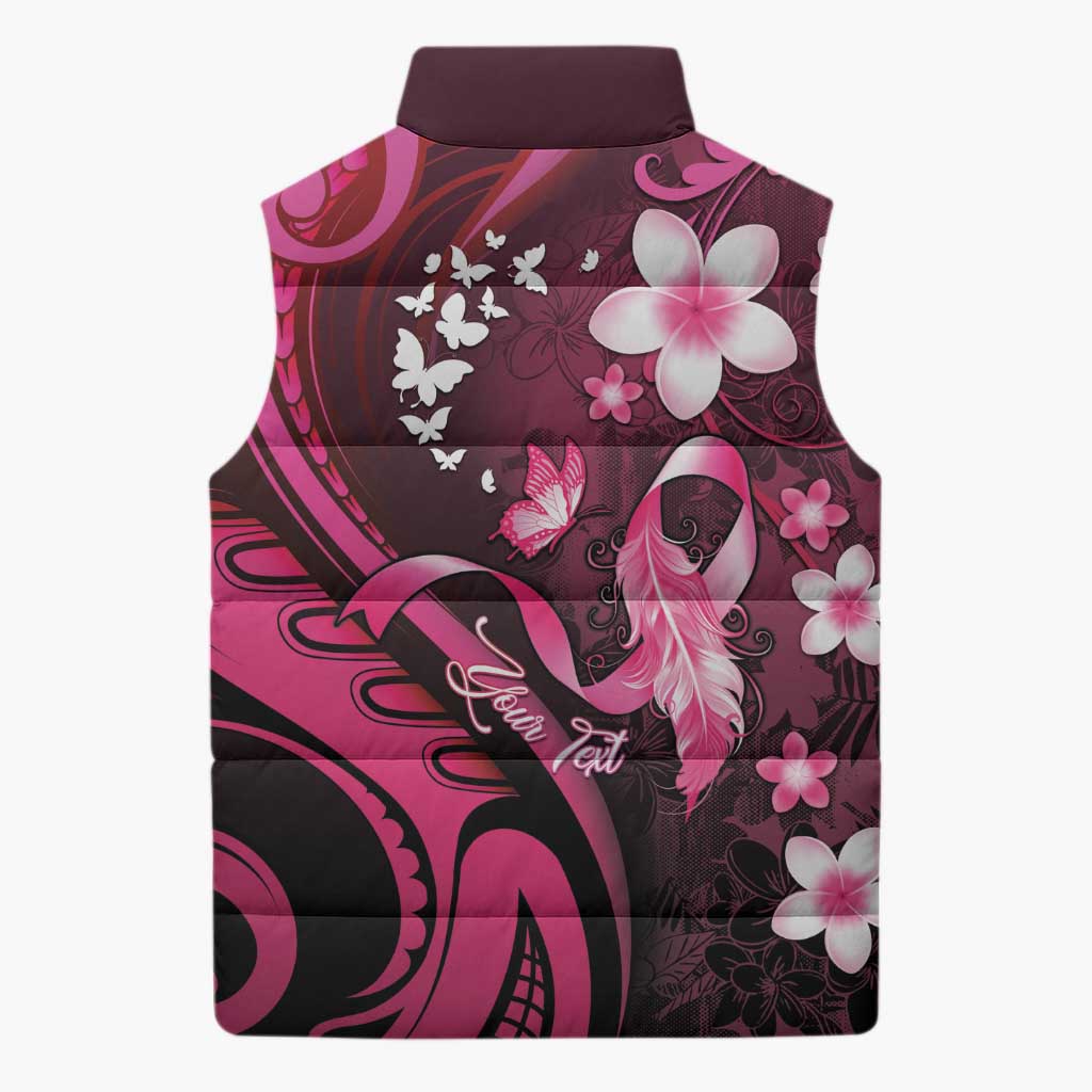 Personalised Memorial Breast Cancer Awareness Sleeveless Puffer Jacket Plumeria Floral Tribal Pattern - Polynesian Pride