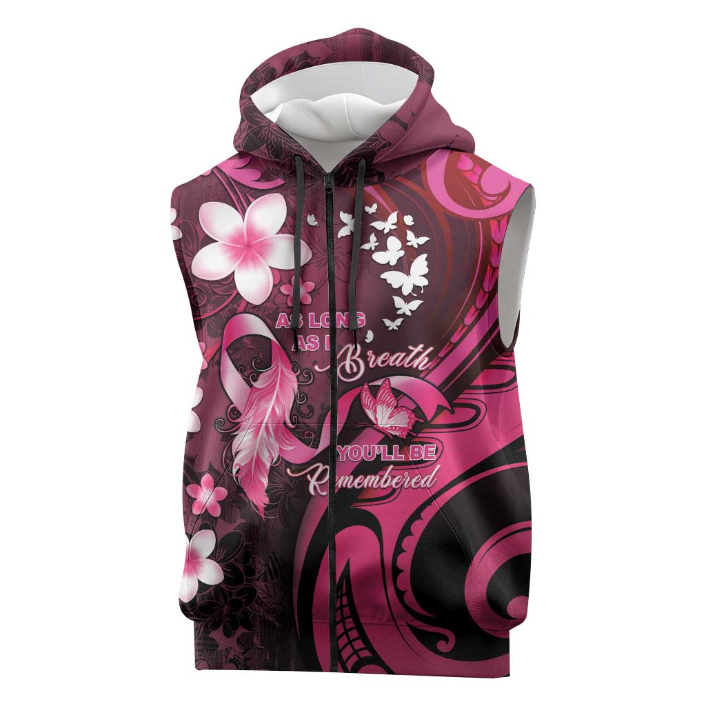 Personalised Memorial Breast Cancer Awareness Sleeveless Zip Hoodie Plumeria Floral Tribal Pattern - Polynesian Pride