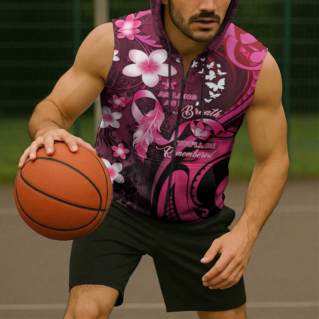 Personalised Memorial Breast Cancer Awareness Sleeveless Zip Hoodie Plumeria Floral Tribal Pattern - Polynesian Pride