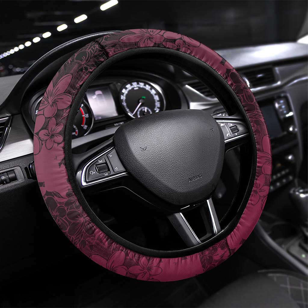 Memorial Breast Cancer Awareness Steering Wheel Cover Plumeria Floral Tribal Pattern - Polynesian Pride