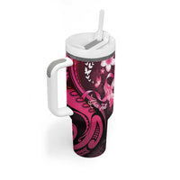 Personalised Memorial Breast Cancer Awareness Tumbler With Handle Plumeria Floral Tribal Pattern - Polynesian Pride