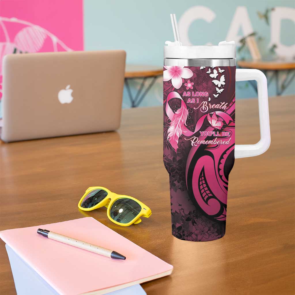 Personalised Memorial Breast Cancer Awareness Tumbler With Handle Plumeria Floral Tribal Pattern - Polynesian Pride