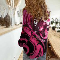 Personalised Memorial Breast Cancer Awareness Women Casual Shirt Plumeria Floral Tribal Pattern - Polynesian Pride