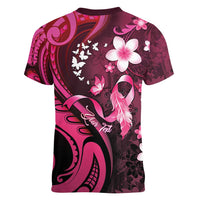 Personalised Memorial Breast Cancer Awareness Women V-Neck T-Shirt Plumeria Floral Tribal Pattern - Polynesian Pride