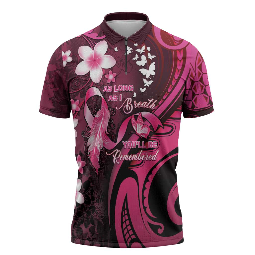 Personalised Memorial Breast Cancer Awareness Zipper Polo Shirt Plumeria Floral Tribal Pattern - Polynesian Pride