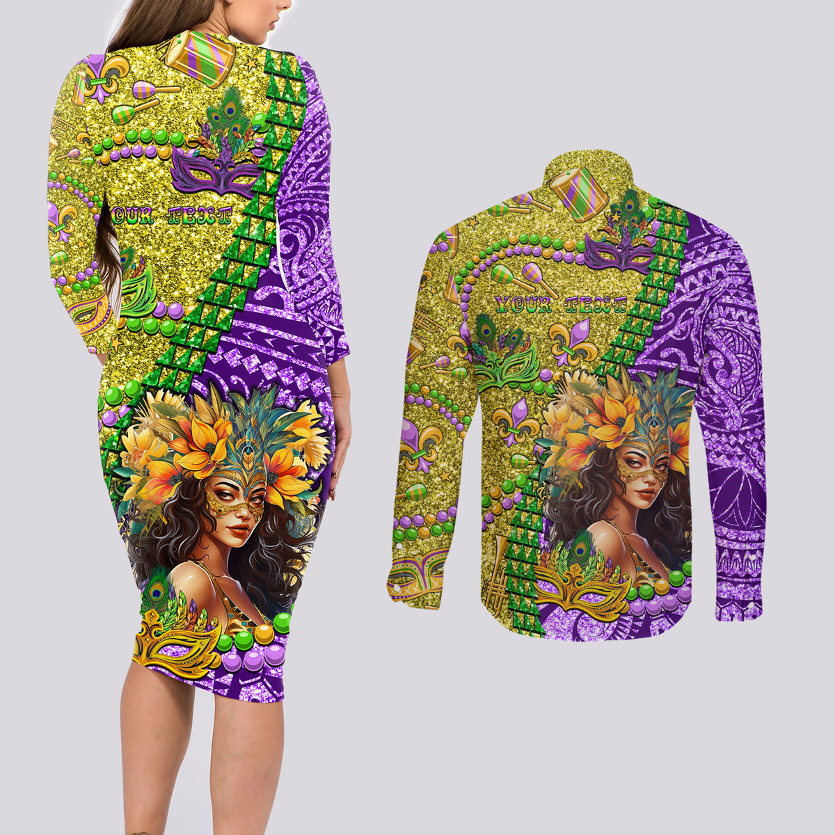 Personalised Hawaii Mardi Gras Couples Matching Long Sleeve Bodycon Dress and Long Sleeve Button Shirt Polynesian Pattern With Glitter Style LT05 - Polynesian Pride