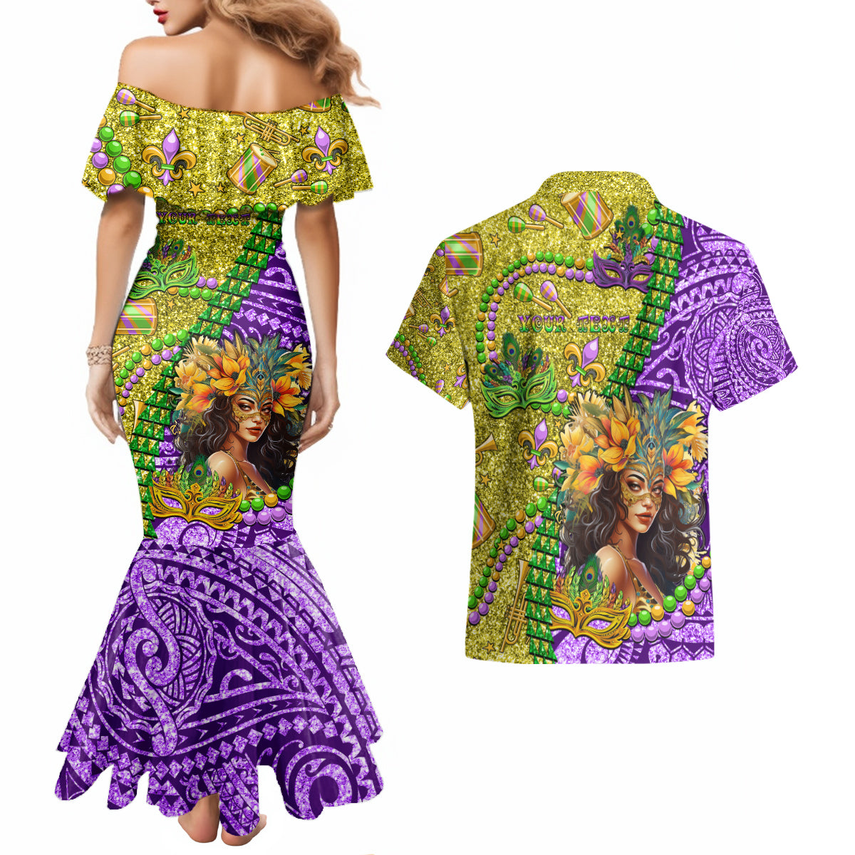 Personalised Hawaii Mardi Gras Couples Matching Mermaid Dress and Hawaiian Shirt Polynesian Pattern With Glitter Style LT05 - Polynesian Pride