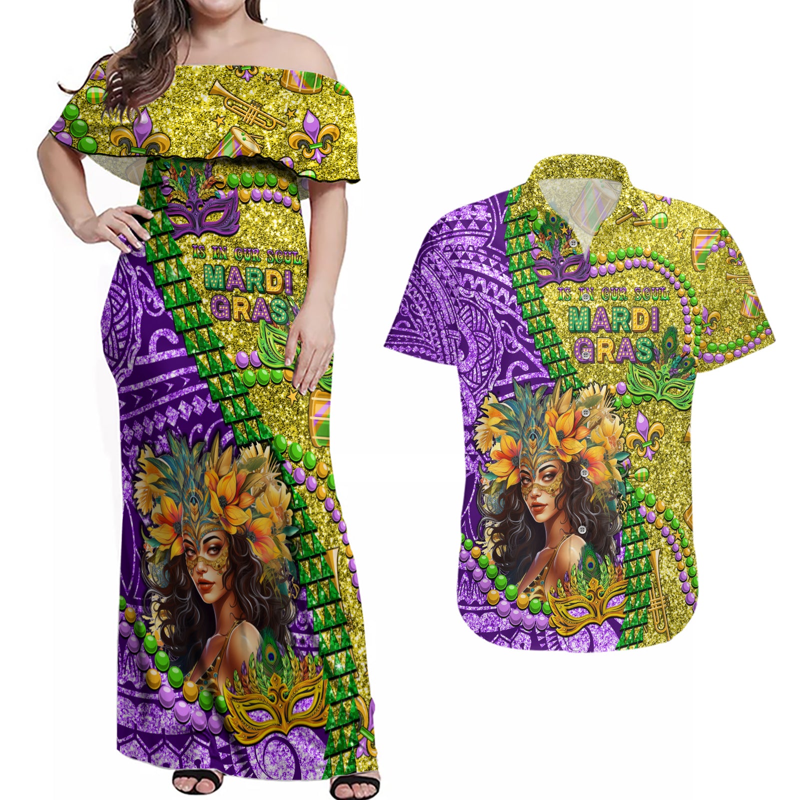 Personalised Hawaii Mardi Gras Couples Matching Off Shoulder Maxi Dress and Hawaiian Shirt Polynesian Pattern With Glitter Style LT05 Yellow - Polynesian Pride