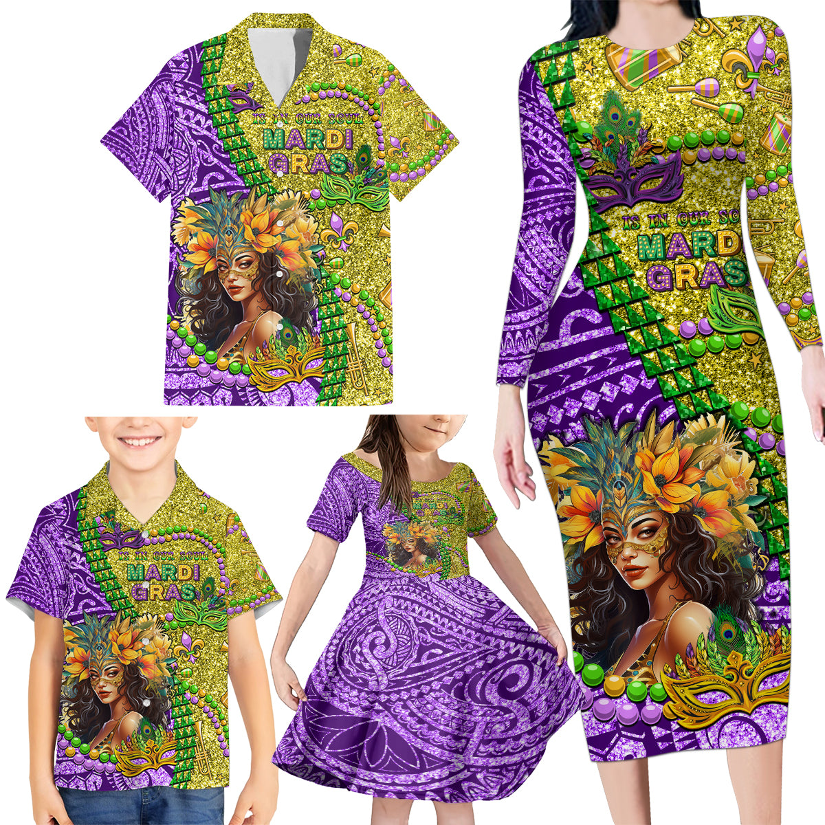 Personalised Hawaii Mardi Gras Family Matching Long Sleeve Bodycon Dress and Hawaiian Shirt Polynesian Pattern With Glitter Style LT05 - Polynesian Pride