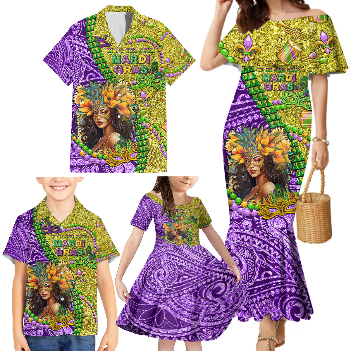 Personalised Hawaii Mardi Gras Family Matching Mermaid Dress and Hawaiian Shirt Polynesian Pattern With Glitter Style LT05 - Polynesian Pride