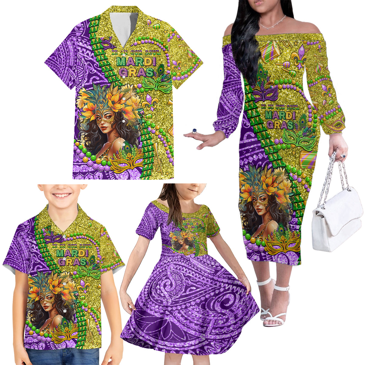 Personalised Hawaii Mardi Gras Family Matching Off Shoulder Long Sleeve Dress and Hawaiian Shirt Polynesian Pattern With Glitter Style LT05 - Polynesian Pride