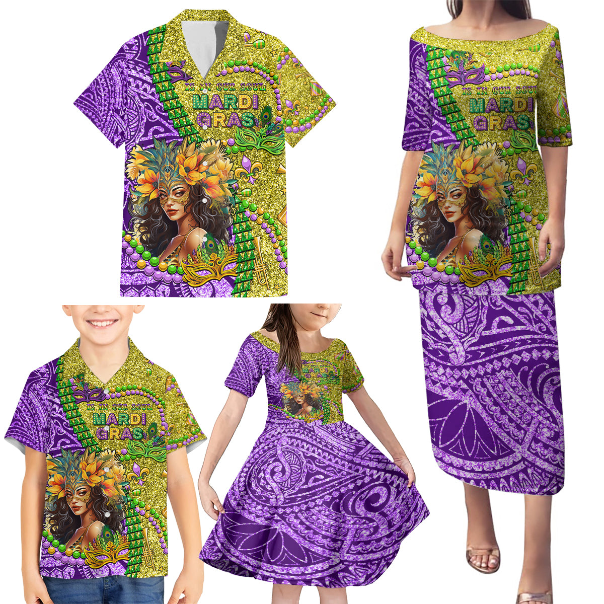 Personalised Hawaii Mardi Gras Family Matching Puletasi and Hawaiian Shirt Polynesian Pattern With Glitter Style LT05 - Polynesian Pride