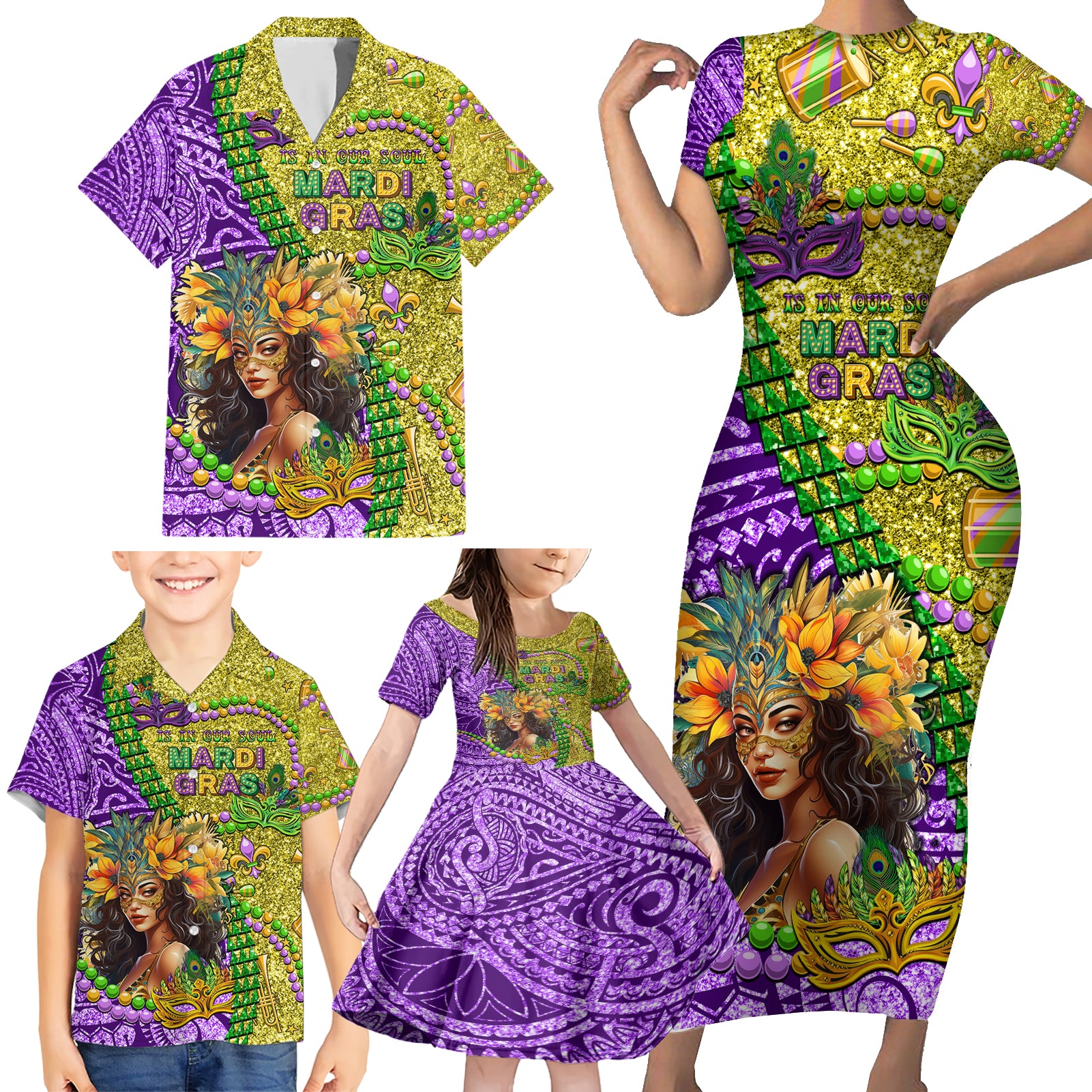 Personalised Hawaii Mardi Gras Family Matching Short Sleeve Bodycon Dress and Hawaiian Shirt Polynesian Pattern With Glitter Style LT05 - Polynesian Pride