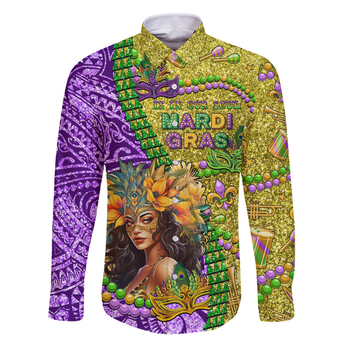 Personalised Hawaii Mardi Gras Family Matching Tank Maxi Dress and Hawaiian Shirt Polynesian Pattern With Glitter Style LT05 Dad's Shirt - Long Sleeve Yellow - Polynesian Pride