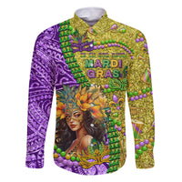 Personalised Hawaii Mardi Gras Family Matching Tank Maxi Dress and Hawaiian Shirt Polynesian Pattern With Glitter Style LT05 Dad's Shirt - Long Sleeve Yellow - Polynesian Pride