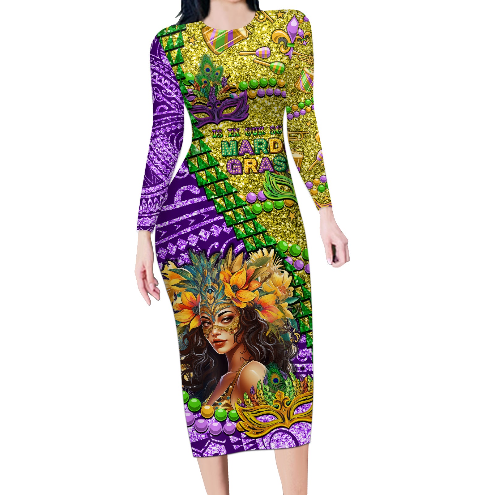 Personalised Hawaii Mardi Gras Long Sleeve Bodycon Dress Polynesian Pattern With Glitter Style LT05 Long Dress Yellow - Polynesian Pride