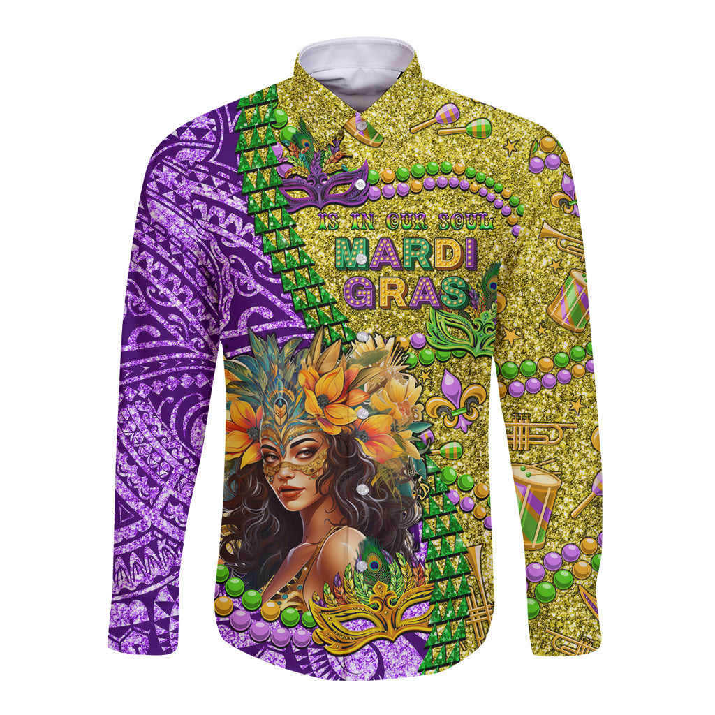 Personalised Hawaii Mardi Gras Long Sleeve Button Shirt Polynesian Pattern With Glitter Style LT05 Unisex Yellow - Polynesian Pride