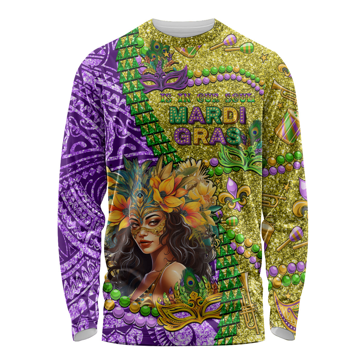 Personalised Hawaii Mardi Gras Long Sleeve Shirt Polynesian Pattern With Glitter Style LT05 Unisex Yellow - Polynesian Pride