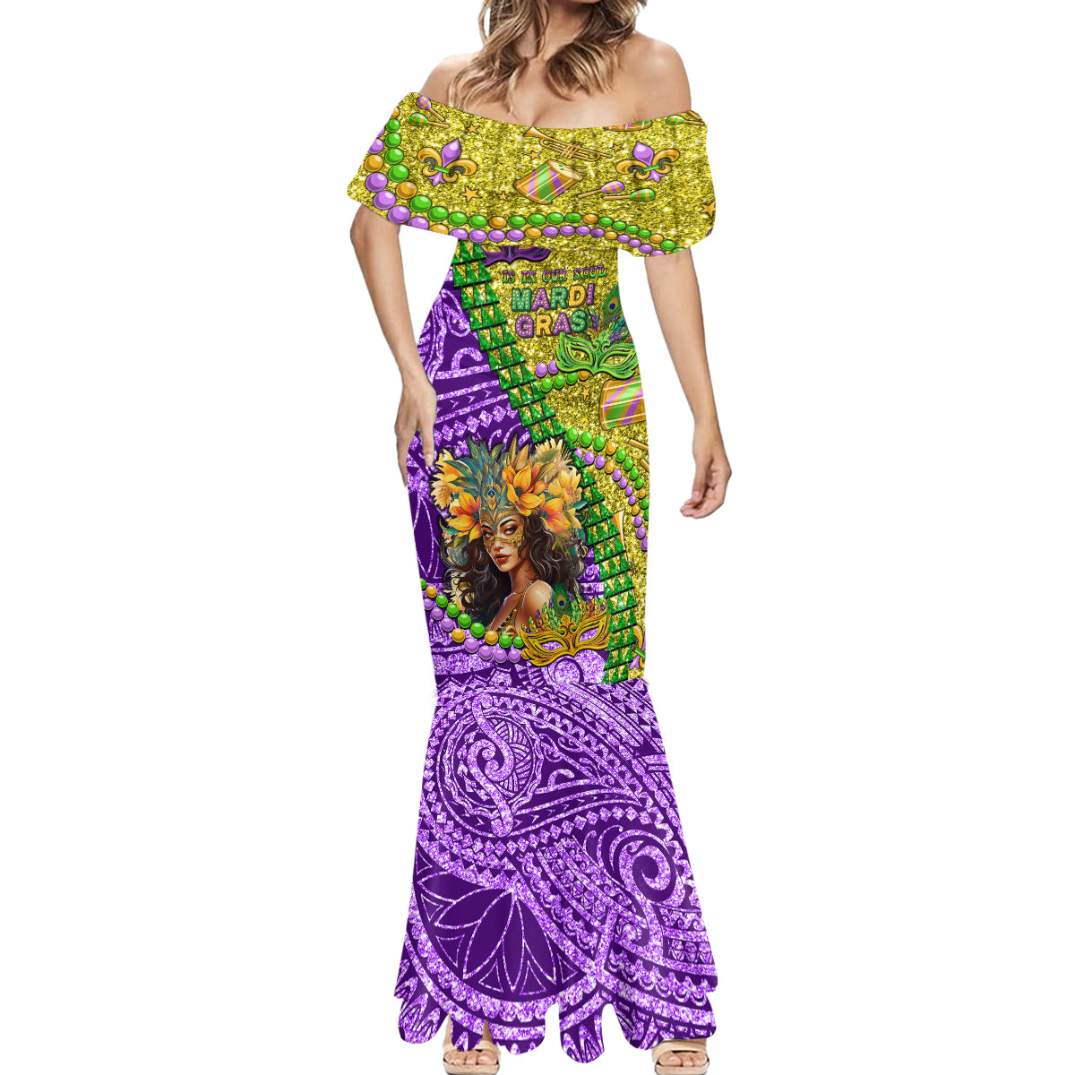 Personalised Hawaii Mardi Gras Mermaid Dress Polynesian Pattern With Glitter Style LT05 - Polynesian Pride