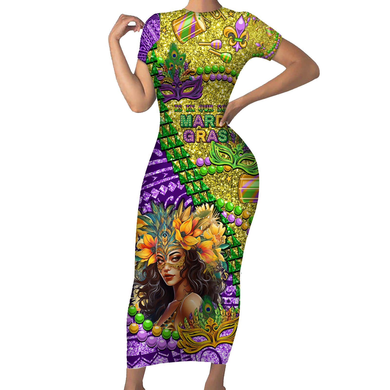 Personalised Hawaii Mardi Gras Short Sleeve Bodycon Dress Polynesian Pattern With Glitter Style LT05 Long Dress Yellow - Polynesian Pride