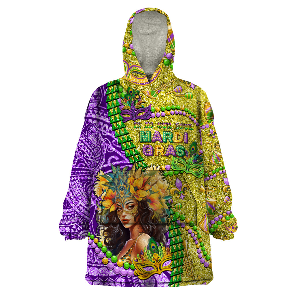 Personalised Hawaii Mardi Gras Wearable Blanket Hoodie Polynesian Pattern With Glitter Style LT05 One Size Yellow - Polynesian Pride