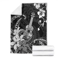 Hawaii Ukulele Blanket Polynesian Pattern Mix Hibiscus Black Version