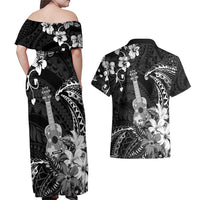 Hawaii Ukulele Couples Matching Off Shoulder Maxi Dress and Hawaiian Shirt Polynesian Pattern Mix Hibiscus Black Version LT05