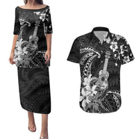Hawaii Ukulele Couples Matching Puletasi and Hawaiian Shirt Polynesian Pattern Mix Hibiscus Black Version LT05