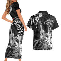 Hawaii Ukulele Couples Matching Short Sleeve Bodycon Dress and Hawaiian Shirt Polynesian Pattern Mix Hibiscus Black Version LT05