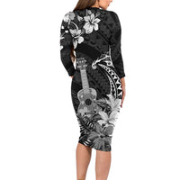 Hawaii Ukulele Family Matching Long Sleeve Bodycon Dress and Hawaiian Shirt Polynesian Pattern Mix Hibiscus Black Version LT05