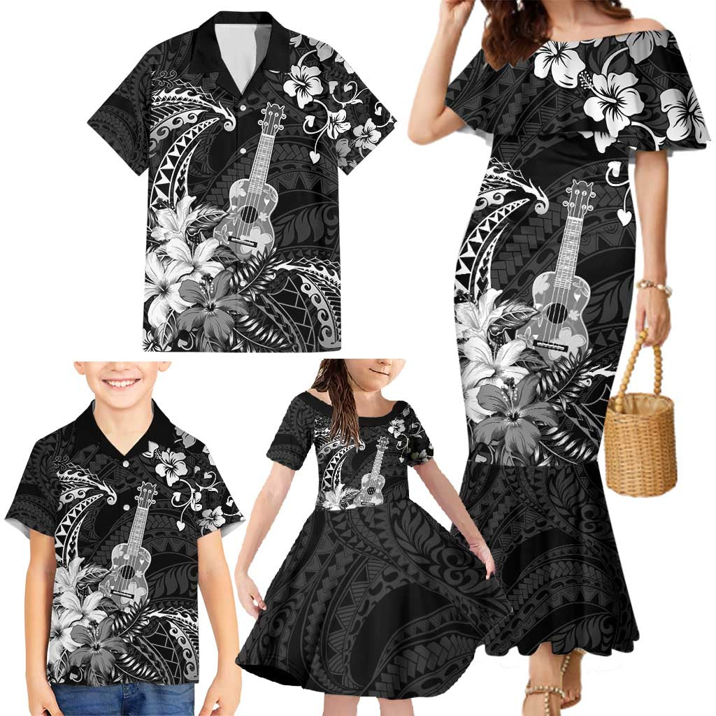 Hawaii Ukulele Family Matching Mermaid Dress and Hawaiian Shirt Polynesian Pattern Mix Hibiscus Black Version LT05