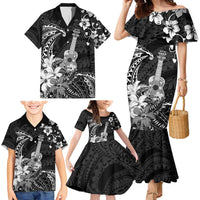 Hawaii Ukulele Family Matching Mermaid Dress and Hawaiian Shirt Polynesian Pattern Mix Hibiscus Black Version LT05