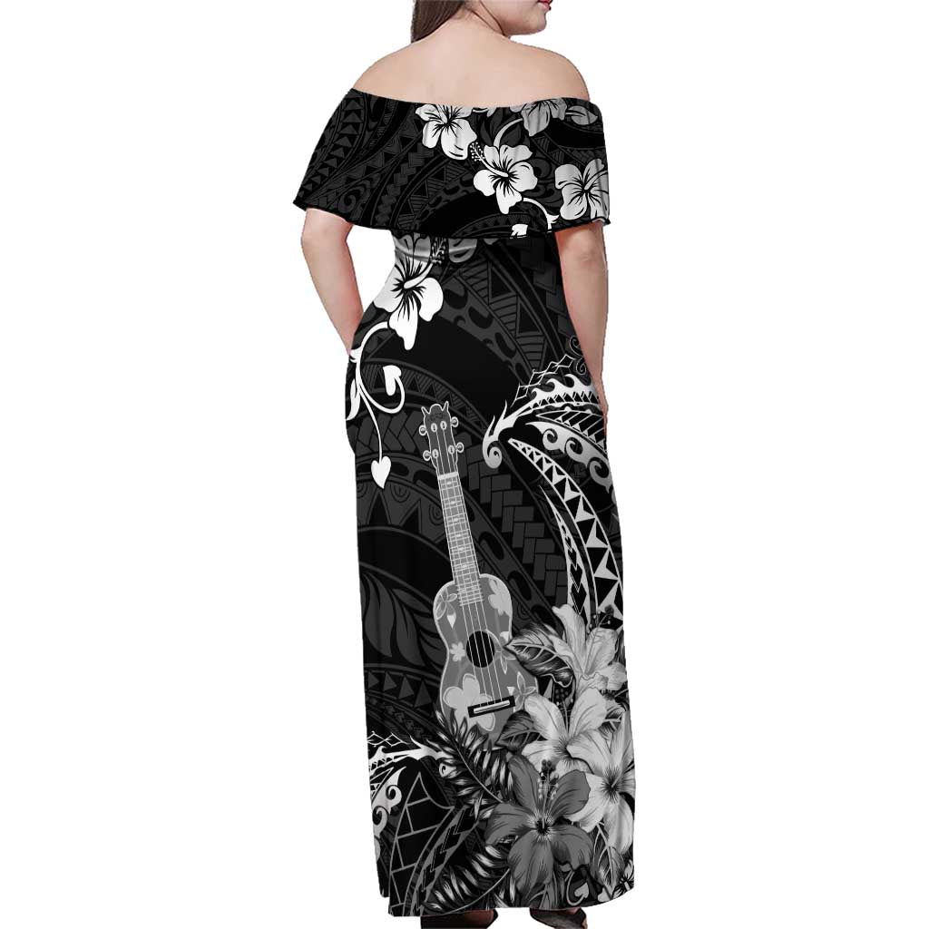 Hawaii Ukulele Family Matching Off Shoulder Maxi Dress and Hawaiian Shirt Polynesian Pattern Mix Hibiscus Black Version LT05