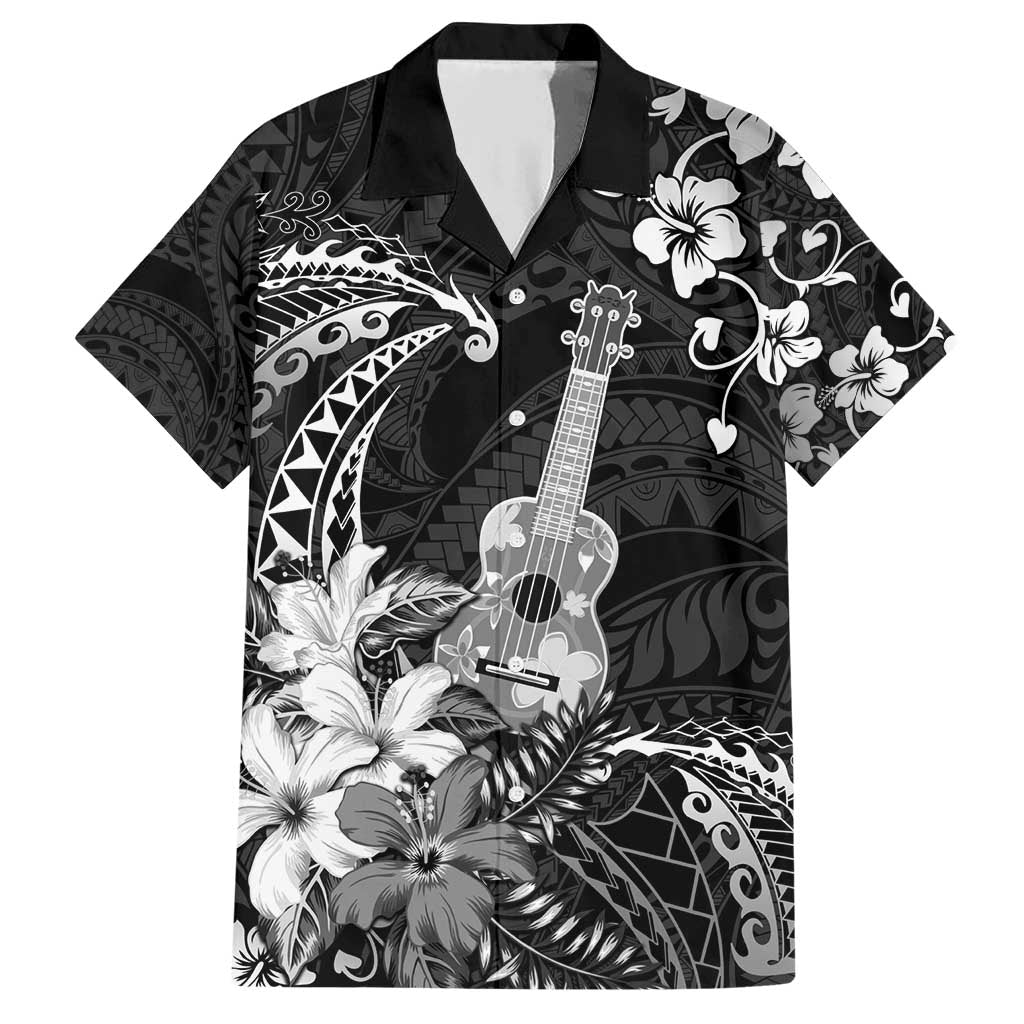 Hawaii Ukulele Family Matching Short Sleeve Bodycon Dress and Hawaiian Shirt Polynesian Pattern Mix Hibiscus Black Version LT05