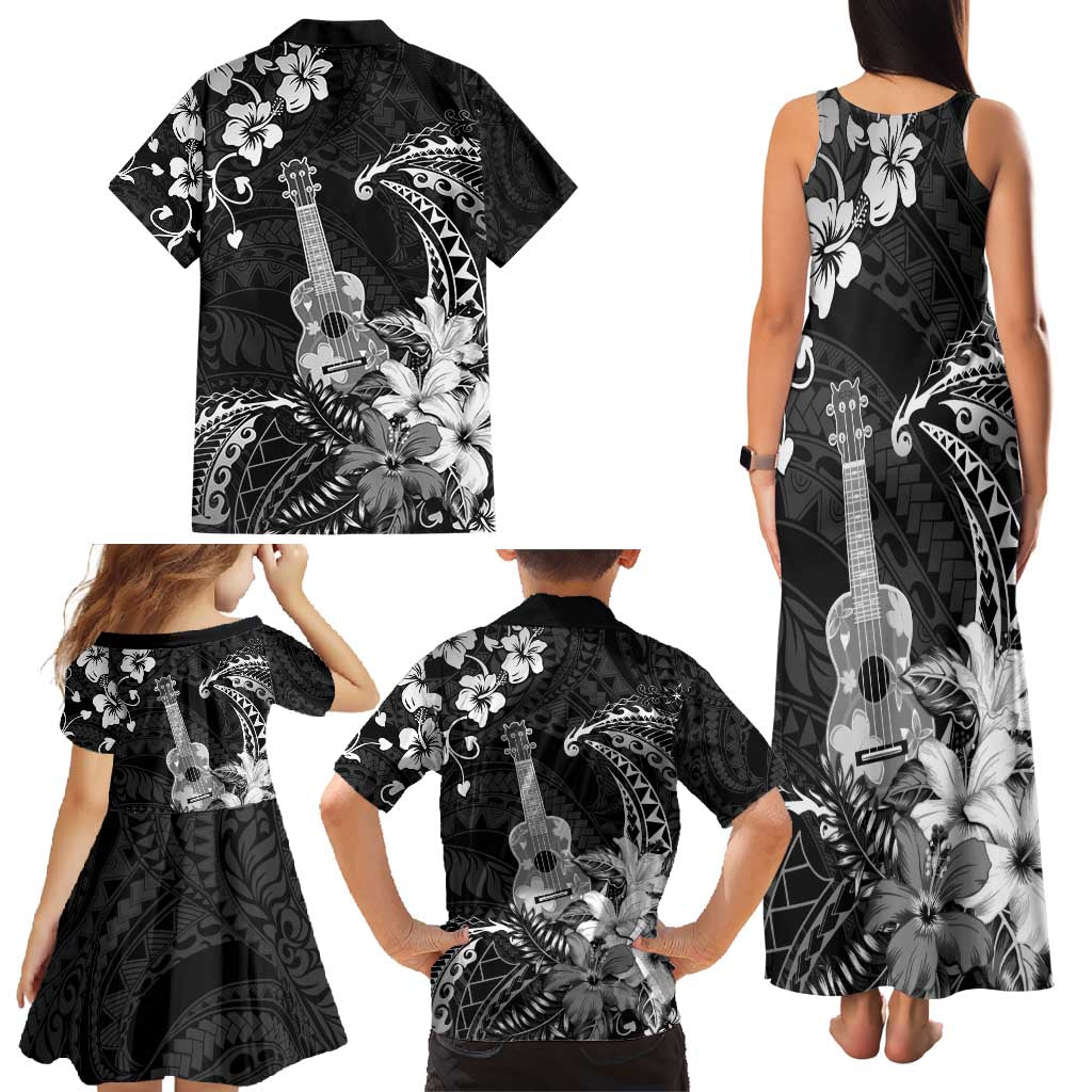 Hawaii Ukulele Family Matching Tank Maxi Dress and Hawaiian Shirt Polynesian Pattern Mix Hibiscus Black Version LT05