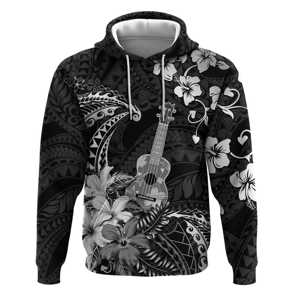 Hawaii Ukulele Hoodie Polynesian Pattern Mix Hibiscus Black Version LT05